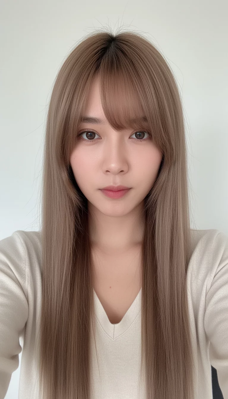 selfie of a 26-year-old woman wearing a light V-neck top with a light brown hair with soft layers and curtain bangs colored long, straight hair, front view, minimal background
