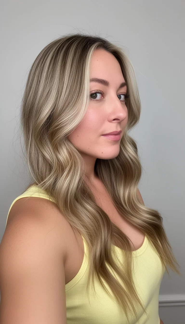 selfie of a 30-year-old woman wearing a light yellow tank top with a honey-blonde hair with highlights colored long, wavy hair, side view, minimal background