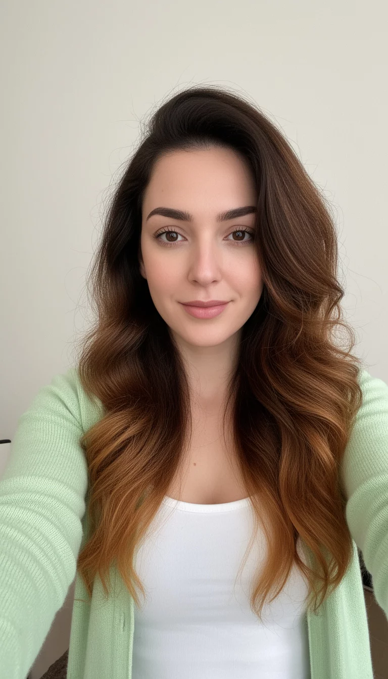 selfie of a 33-year-old woman wearing a white tank top and light green cardigan with a brown hair with caramel ombre colored long, voluminous hair, front view, minimal background