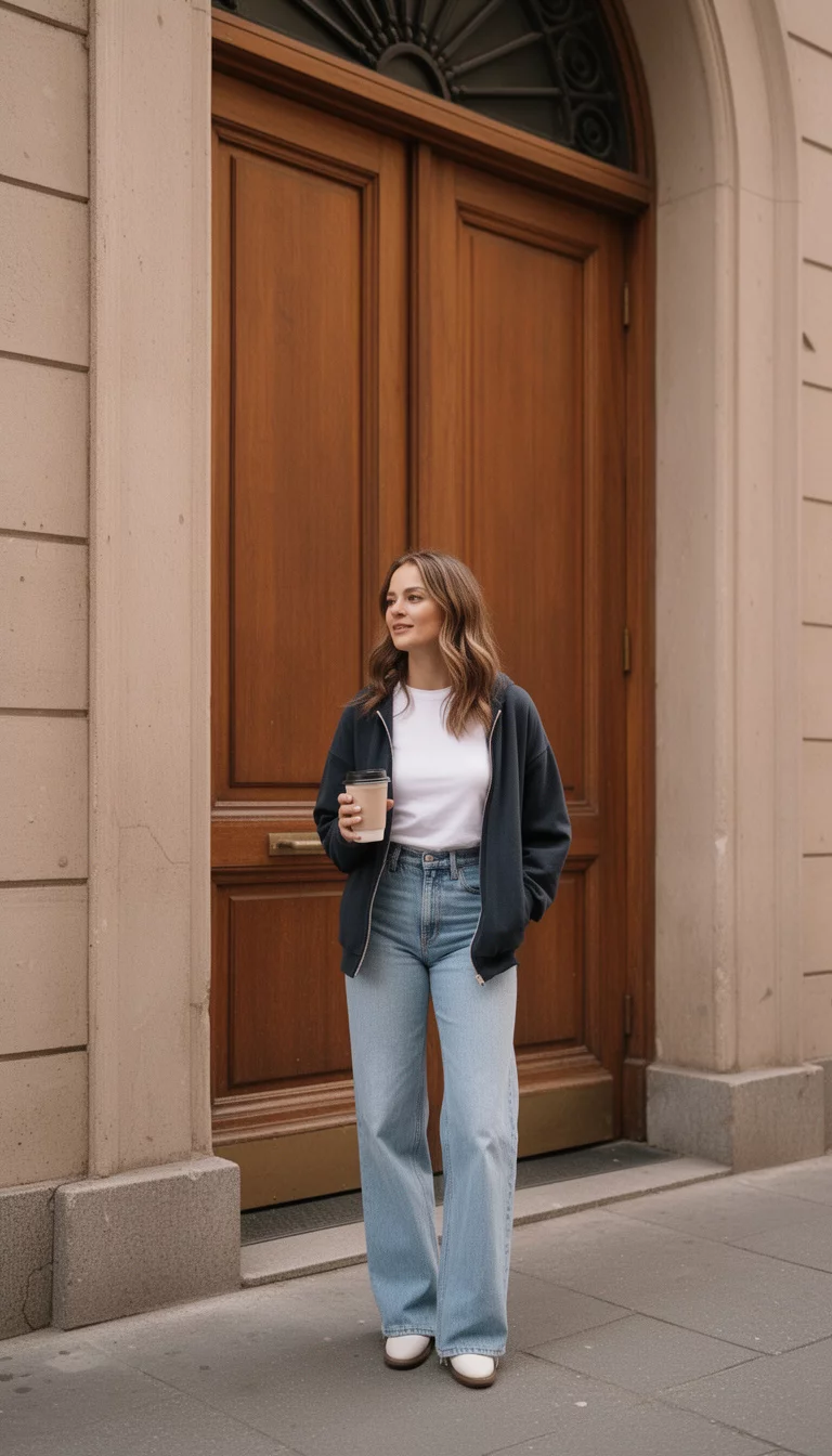 A beautiful woman in a white top under a dark zip-up jacket, light-wash wide-leg jeans, she holds a coffee and poses by a large wooden door.