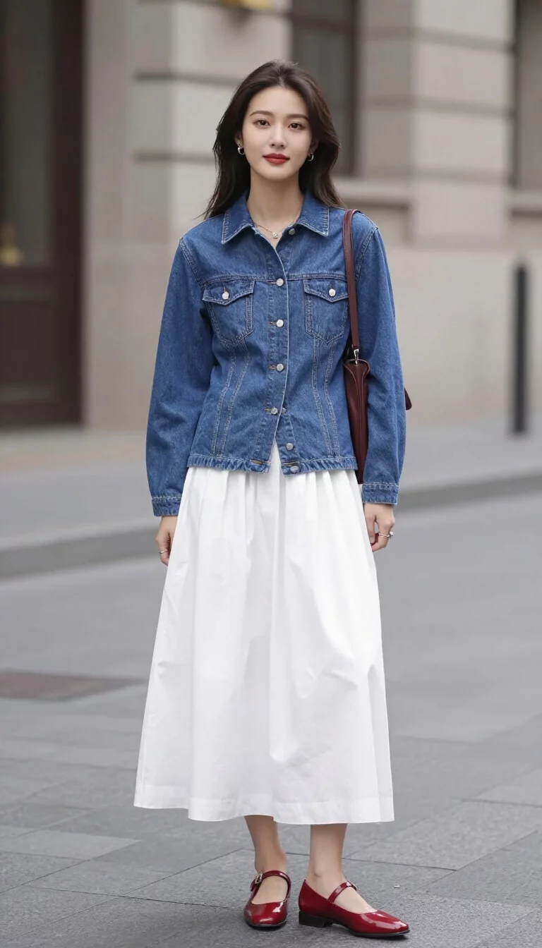 A beautiful woman in a white maxi skirt, a structured blue denim button-up top, and red Mary Jane shoes, she stands on a city street.