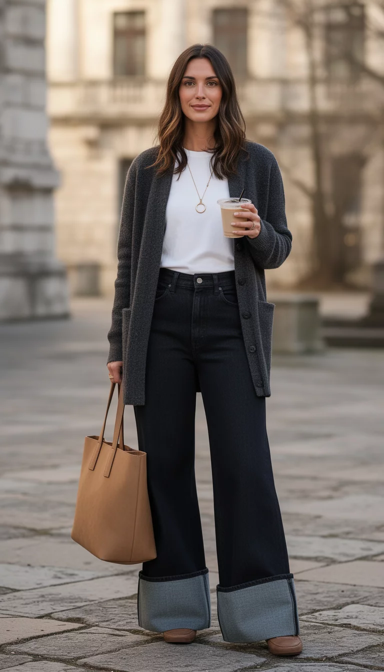 A beautiful woman in a white top under a charcoal cardigan, dark wide-leg jeans with large cuffs, she holds a drink and tan tote bag on stone pavement.
