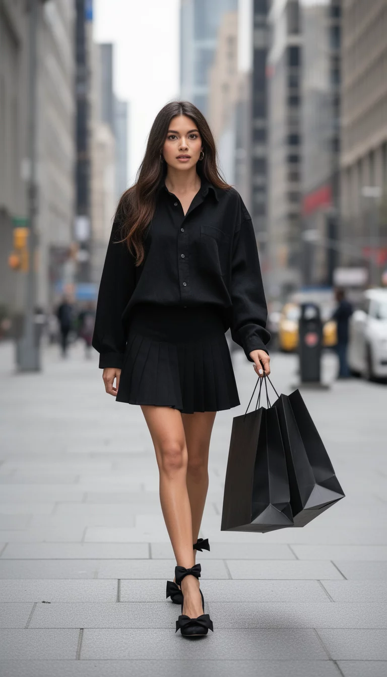 A beautiful woman in an oversized black button-up, black pleated mini skirt, and black bow heels, she walks on a city pavement holding a large shopping bag.