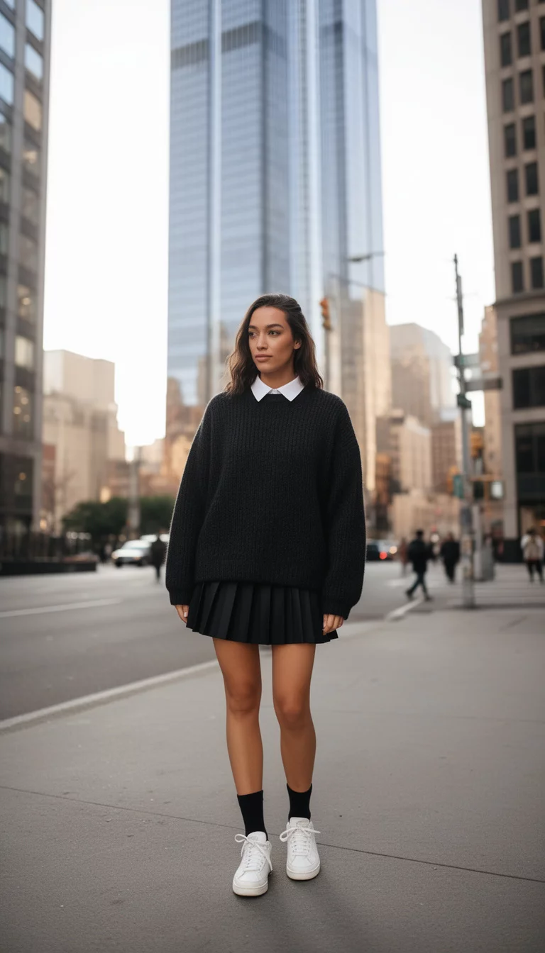 A beautiful woman in a white collared shirt layered under a dark oversized sweater, a black pleated mini skirt, white sneakers, and dark socks, she is standing next to a tall skyscraper in the city.