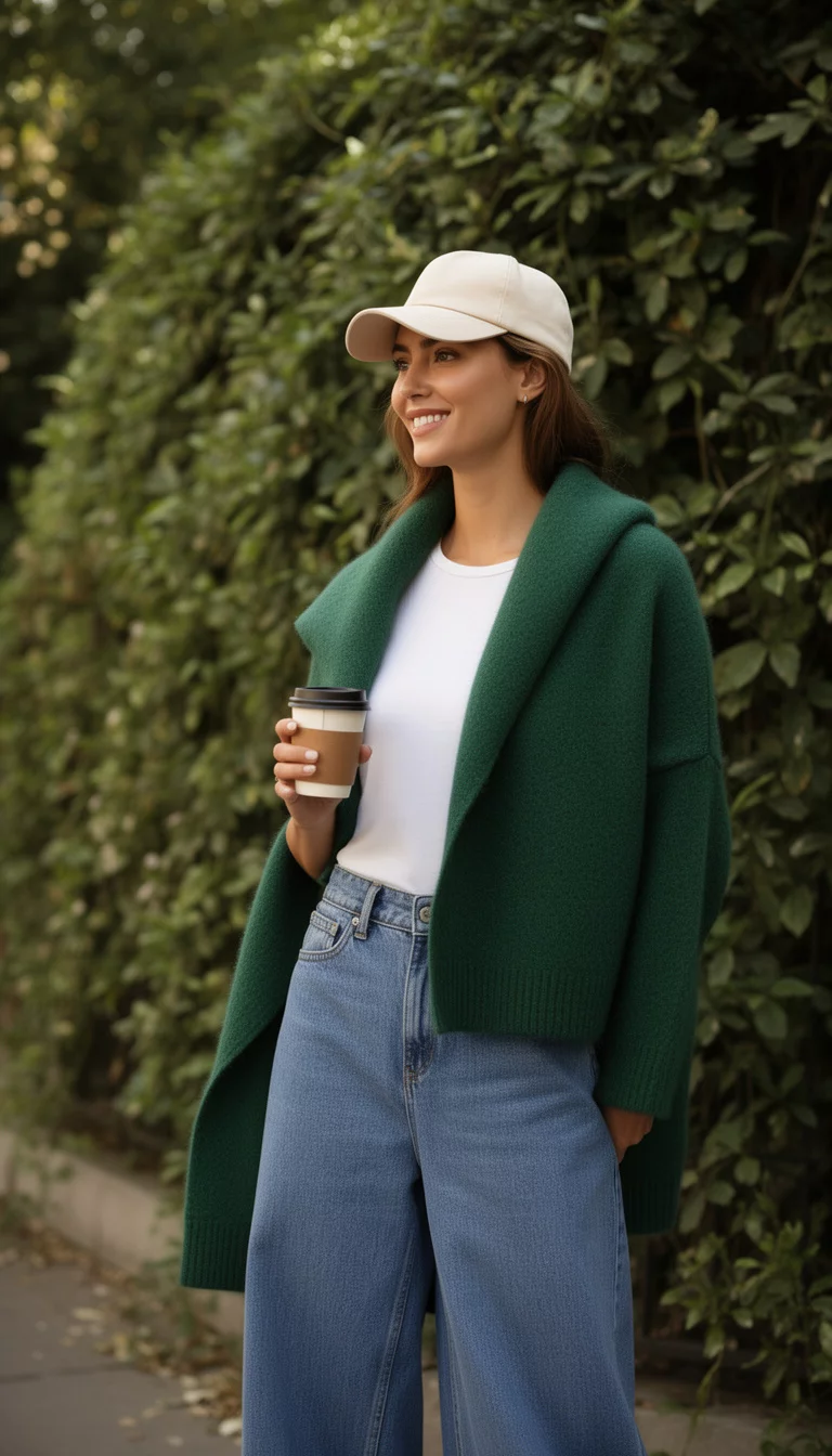 A beautiful woman in a cream cap, white tee, wide blue jeans, and a draped forest green sweater, she holds a coffee cup near lush greenery.