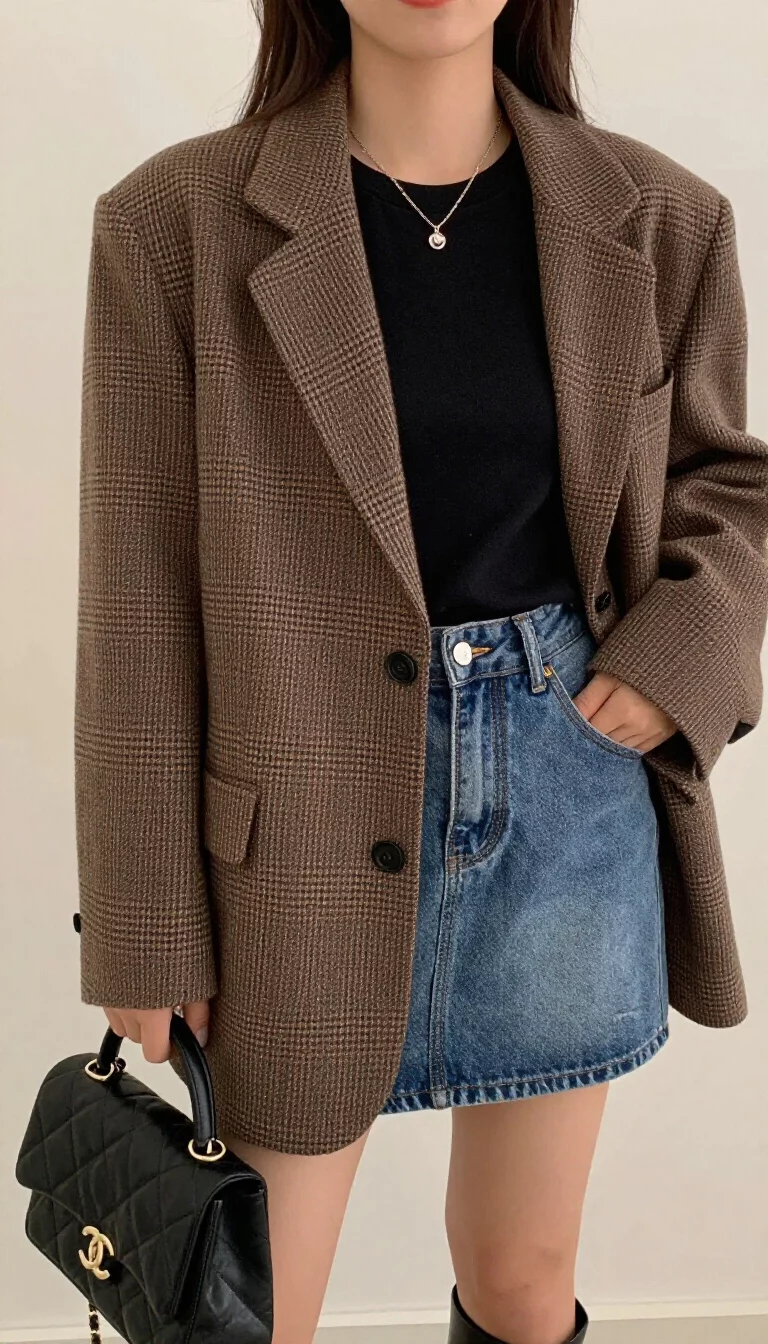 A beautiful woman in an oversized brown plaid blazer over a graphic tee and denim mini skirt, she holds a quilted black Chanel bag in an indoor setting.