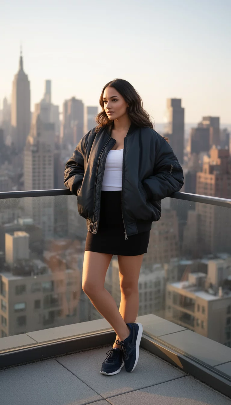 A beautiful woman in a white tank top, black mini-skirt, oversized dark bomber jacket, and dark sneakers, she poses on an outdoor balcony overlooking a city skyline.