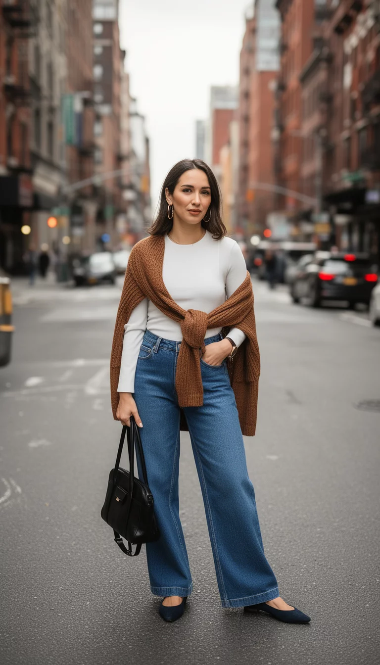 A beautiful woman in a white top, brown sweater draped over her shoulders, wide-leg denim, and dark flats, she stands on a city street holding a black bag.