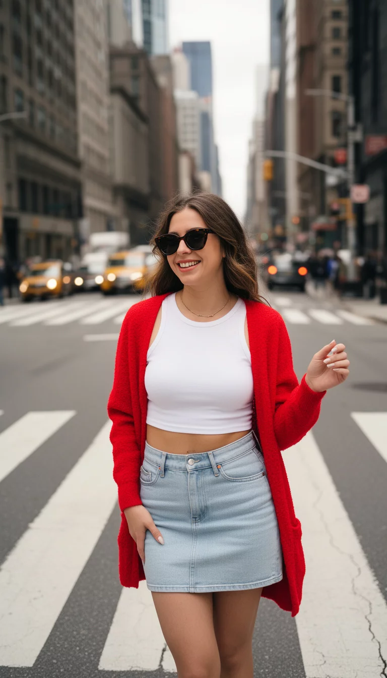 A beautiful woman in a white crop top, bright red cardigan, light denim mini skirt, and sunglasses, she smiles while standing on a city crosswalk.