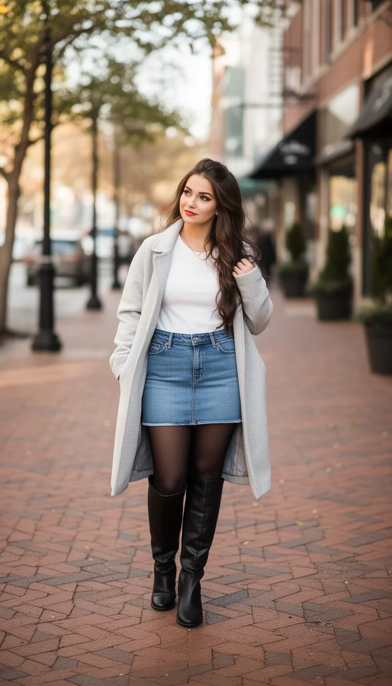 A beautiful woman in a white top, denim mini skirt, black tights, and tall black boots, she layers with a light gray jacket on a brick sidewalk.