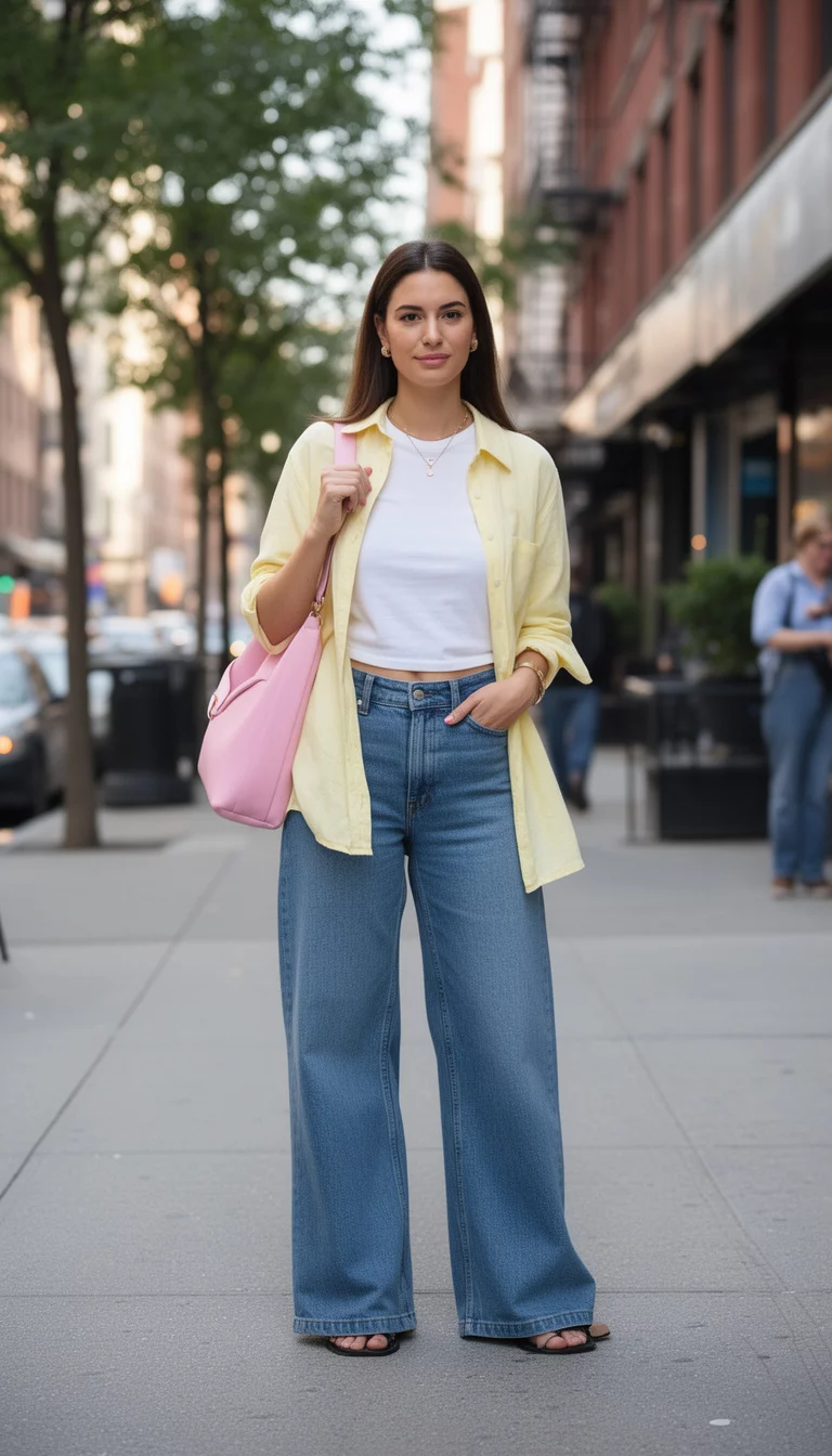 A beautiful woman in a white tee, a pale yellow unbuttoned collared shirt, wide blue jeans, and a pink shoulder bag, she stands on a city sidewalk.
