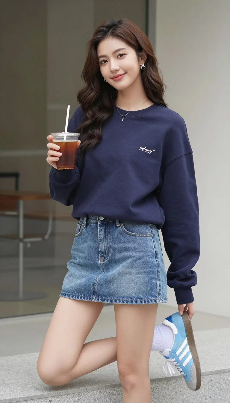 A beautiful woman in a navy sweatshirt, denim mini skirt, white socks, and light blue Adidas sneakers, she holds an iced drink outdoors.