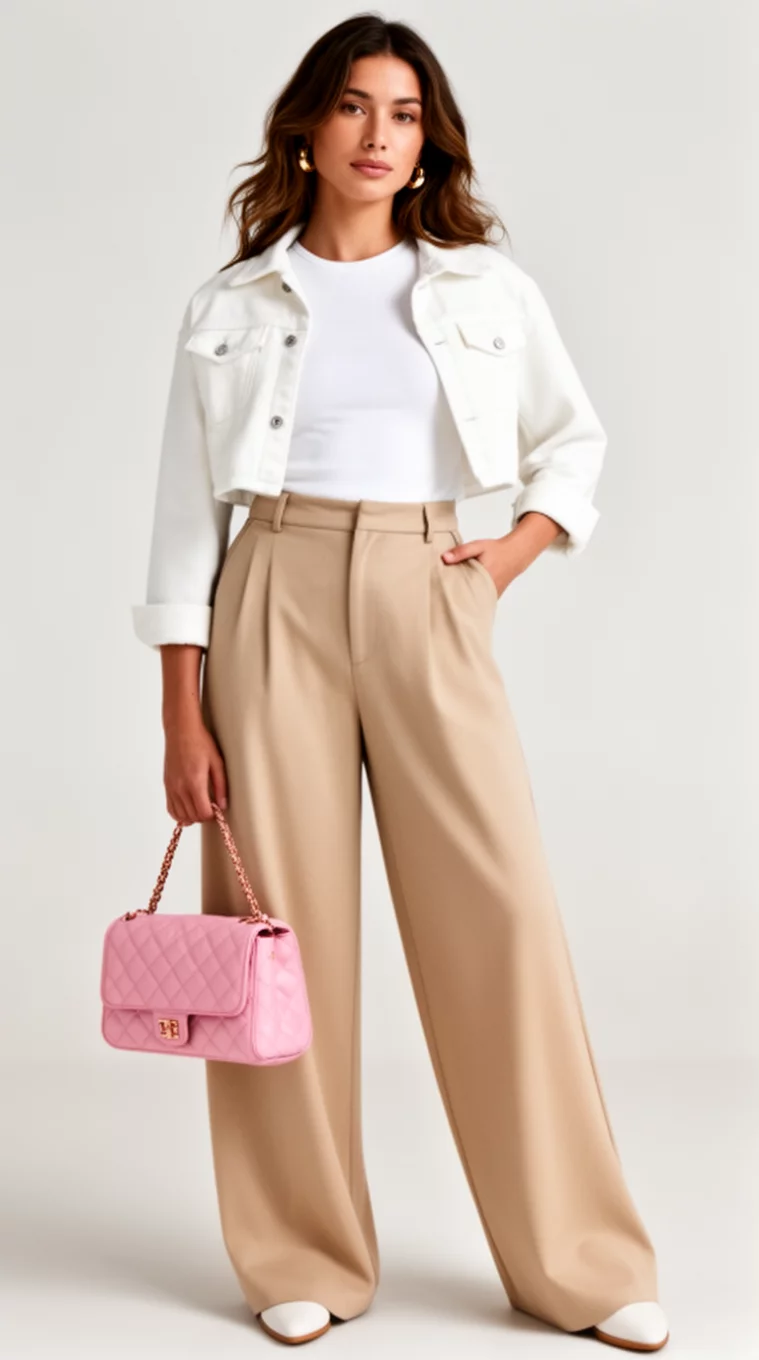 A beautiful woman in a white top, wide-leg beige trousers, a white cropped jacket, and a small pink quilted bag.