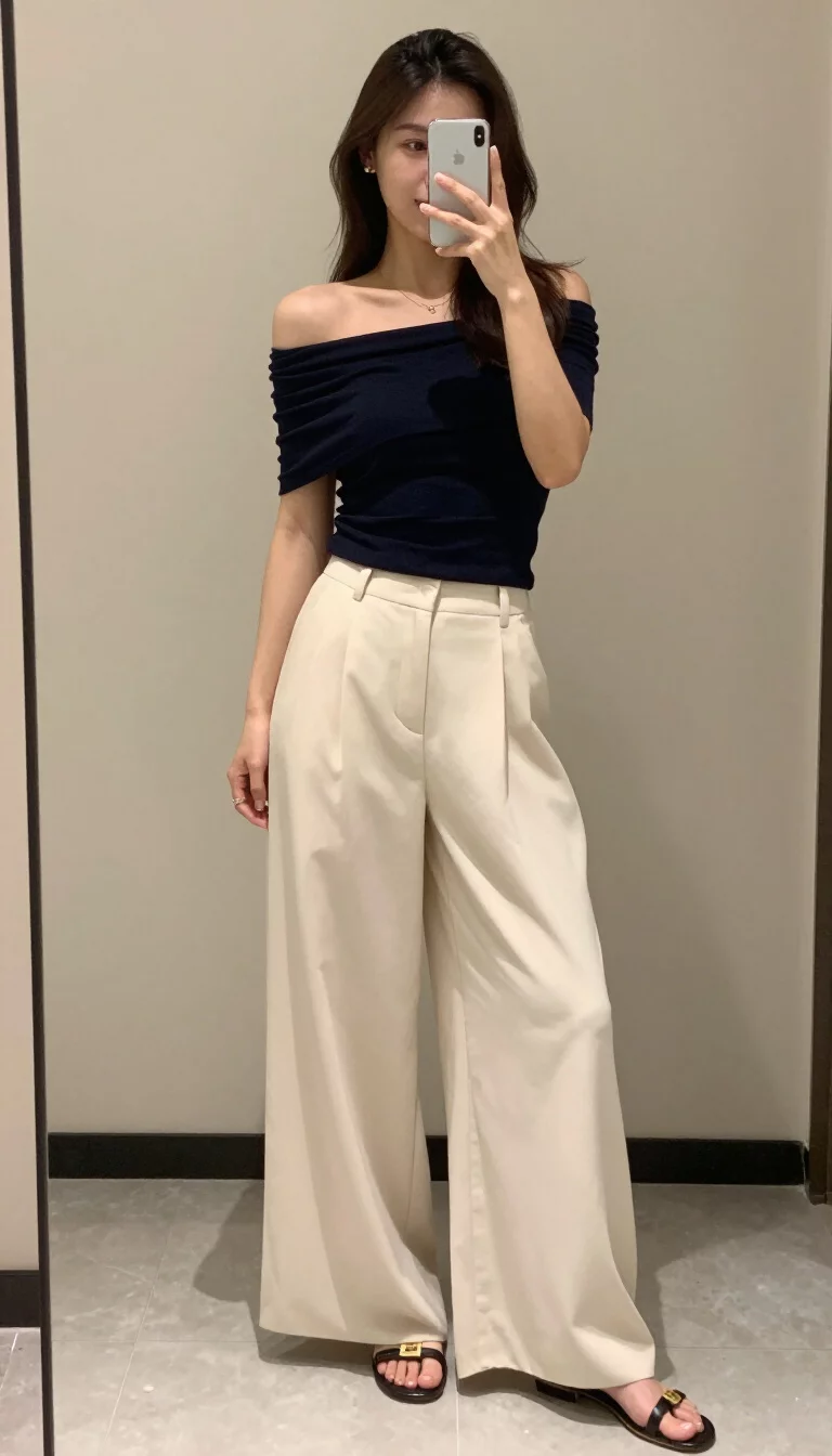A beautiful woman in a dark off-the-shoulder top, flowy wide-leg cream trousers, and flat black sandals with gold hardware, indoor selfie.