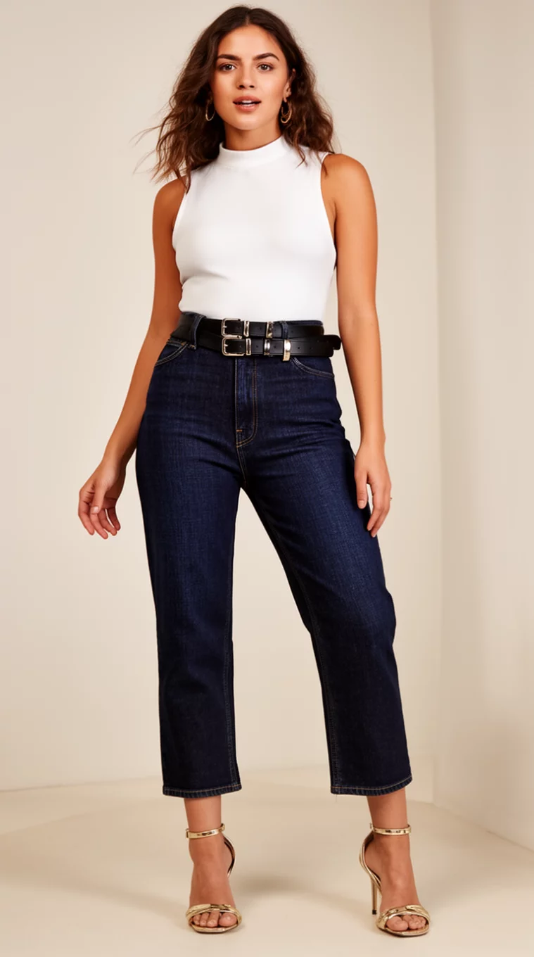 A beautiful woman in a white sleeveless high-neck top, dark-wash ankle-length jeans, a black double-buckle belt, and metallic gold heeled sandals.