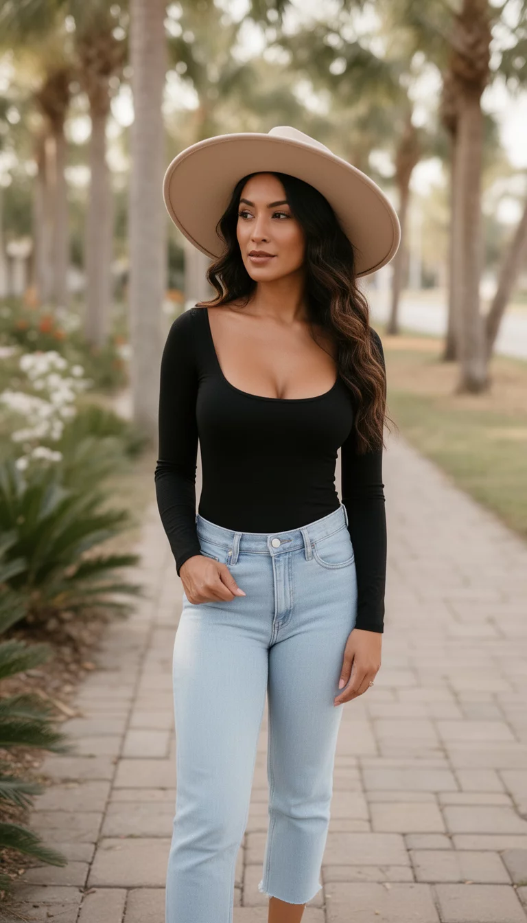 A beautiful woman in a black low-cut long-sleeve top, light wash cropped jeans, and a wide-brim beige hat.