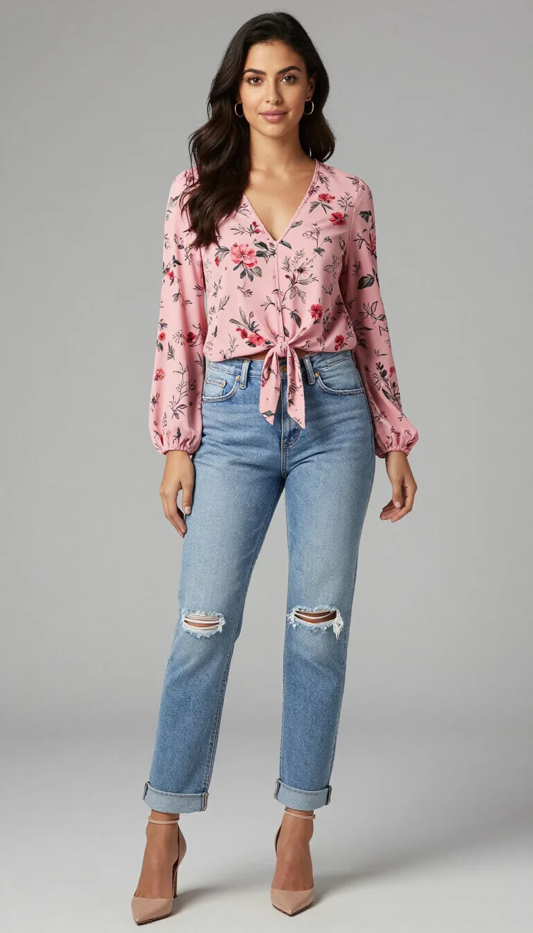 A beautiful woman in a floral print pink long-sleeve tie-front top, light wash slightly ripped cuffed jeans, and nude pointed-toe heels.