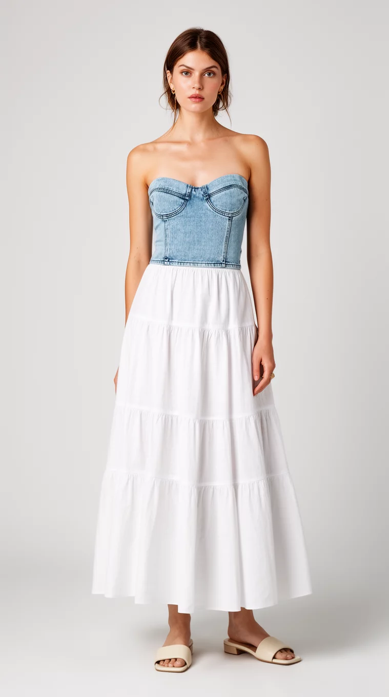 A beautiful woman in a light blue denim-look bustier top, a tiered long white cotton skirt, and light square-toed sandals.