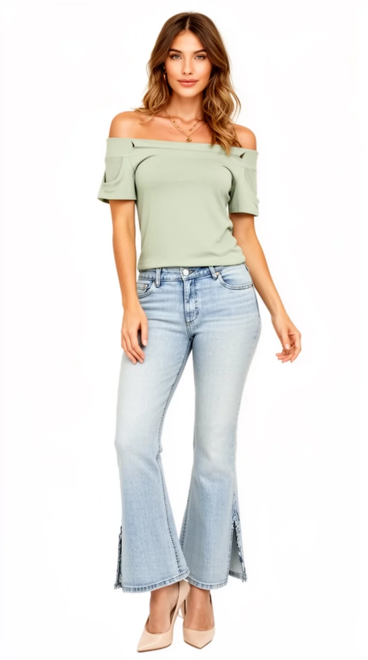 A beautiful woman in a light sage green off-the-shoulder top with thumbholes, light wash split-hem flared jeans, and light heels.