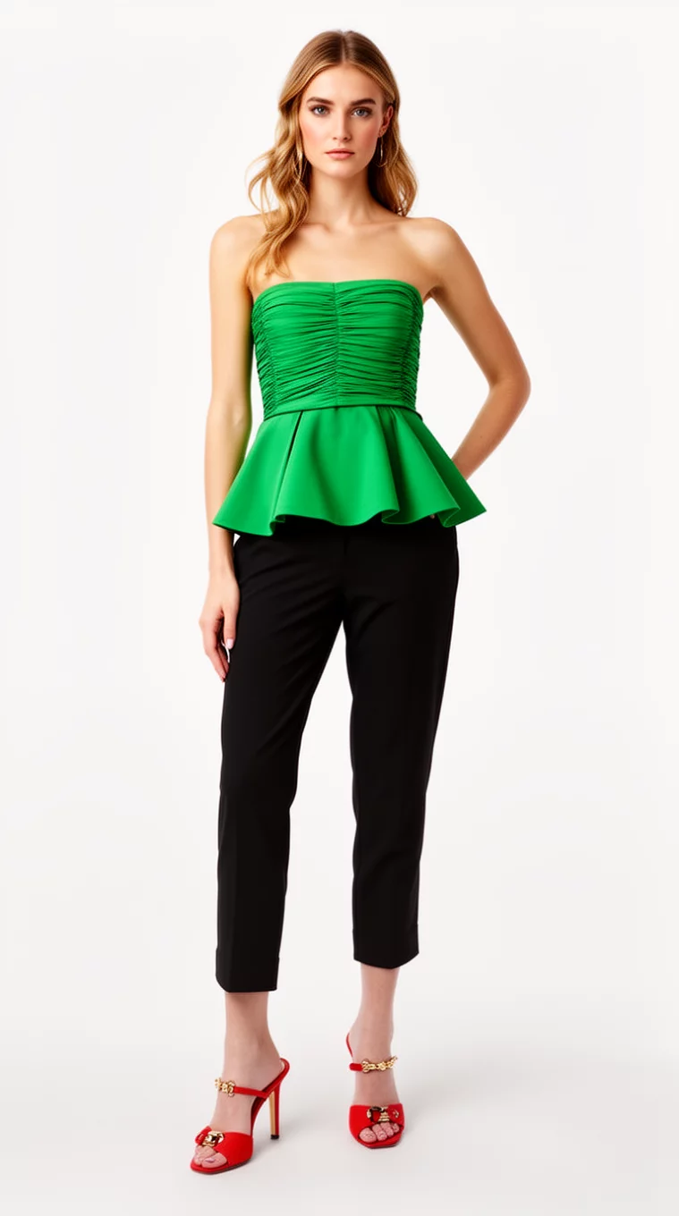 A beautiful woman in a green ruched strapless peplum top, black cropped trousers, and bright red open-toed high-heel mules with gold accents.