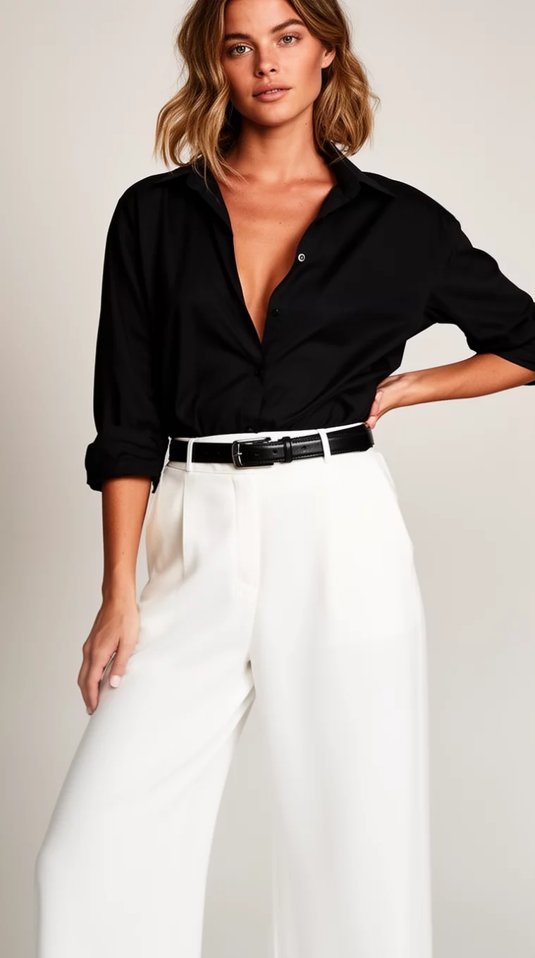 A beautiful woman in a black slightly unbuttoned collared blouse, high-waisted white wide-leg trousers, and a black belt.