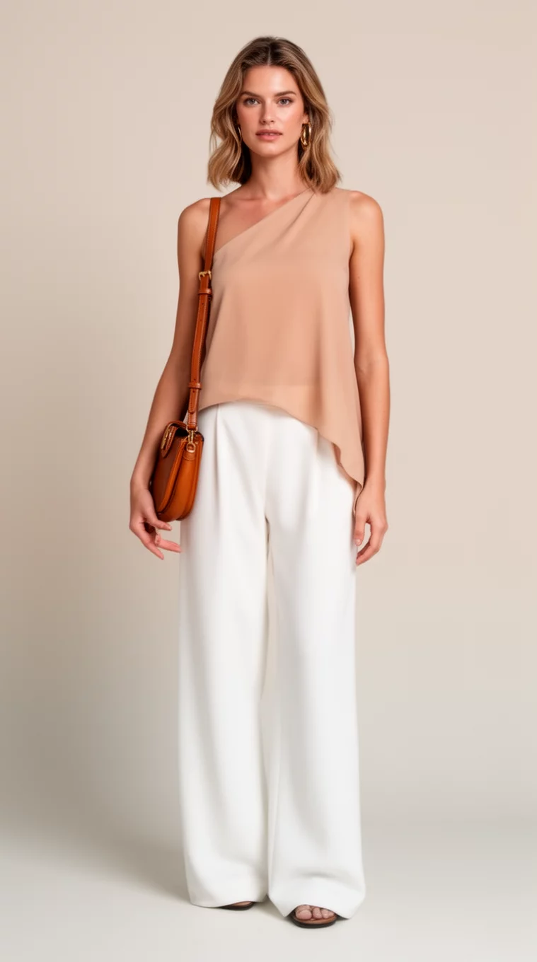 A beautiful woman in a nude one-shoulder asymmetrical top, wide-leg white trousers, and a small brown shoulder bag.