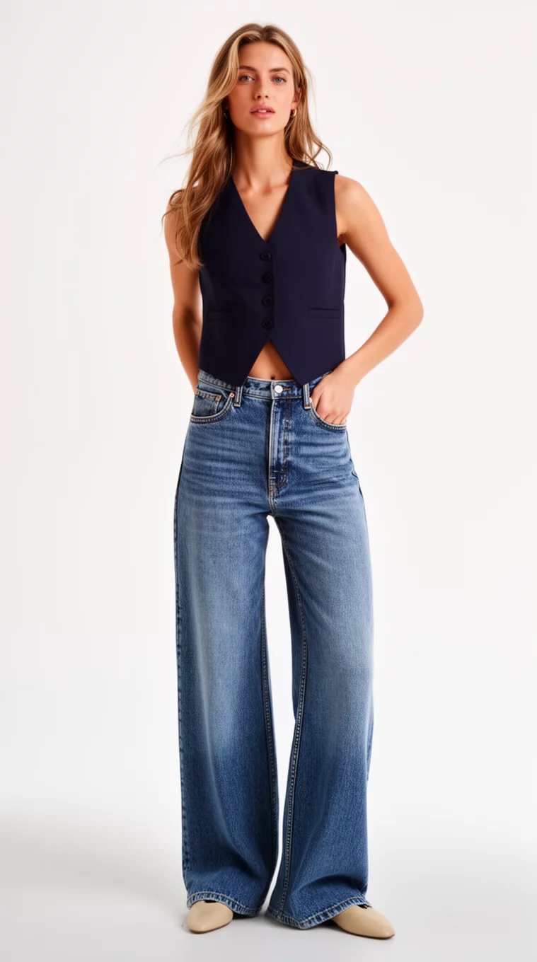 A beautiful woman in a dark navy button-up vest, high-waisted medium-wash wide-leg jeans, and beige shoes.