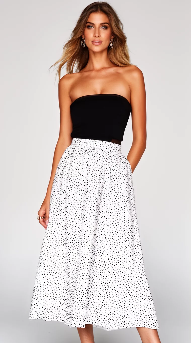 A beautiful woman in a black strapless top and a white black-dotted midi skirt.