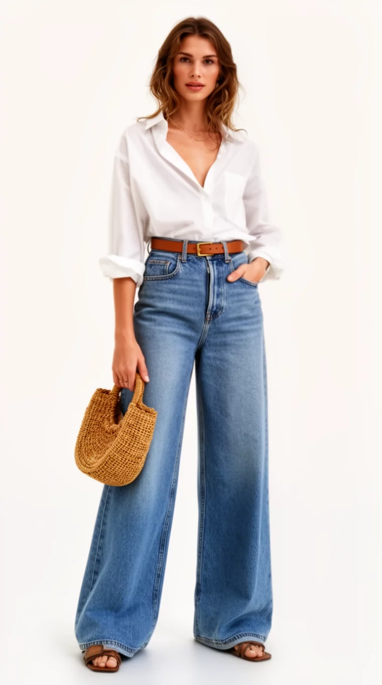 A beautiful woman in an open white collared button-down shirt, high-waisted wide-leg blue jeans, a brown belt, and a straw bag.