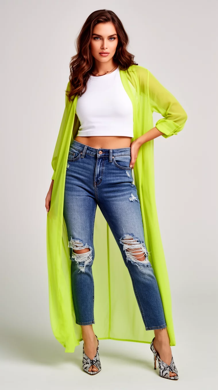 A beautiful woman in a white crop top, distressed blue jeans, a long sheer lime green cardigan, and patterned heels.
