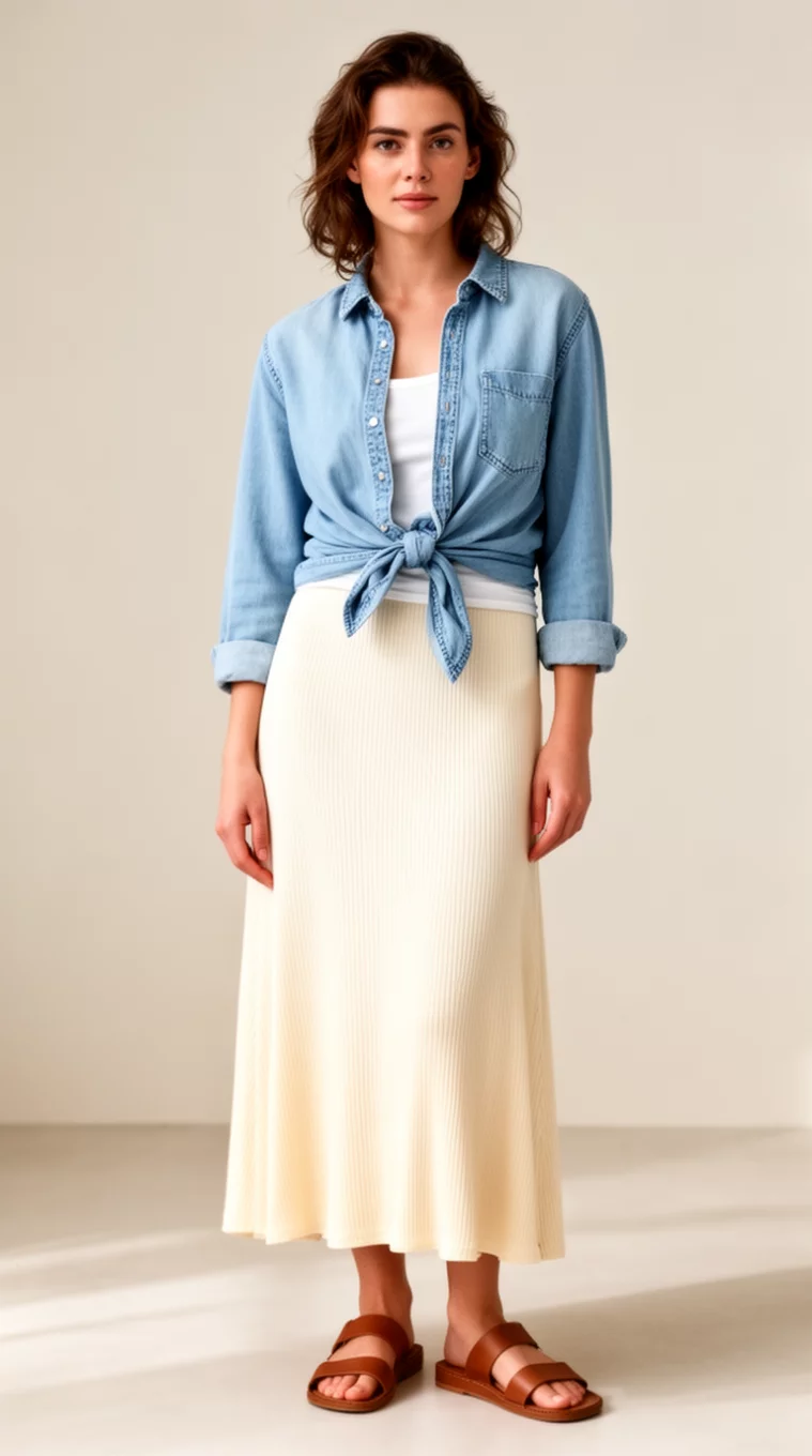 A realistic photo of a woman in a light blue denim button-up shirt tied at the waist, a white top underneath, an ankle-length cream ribbed skirt, and brown sandals.