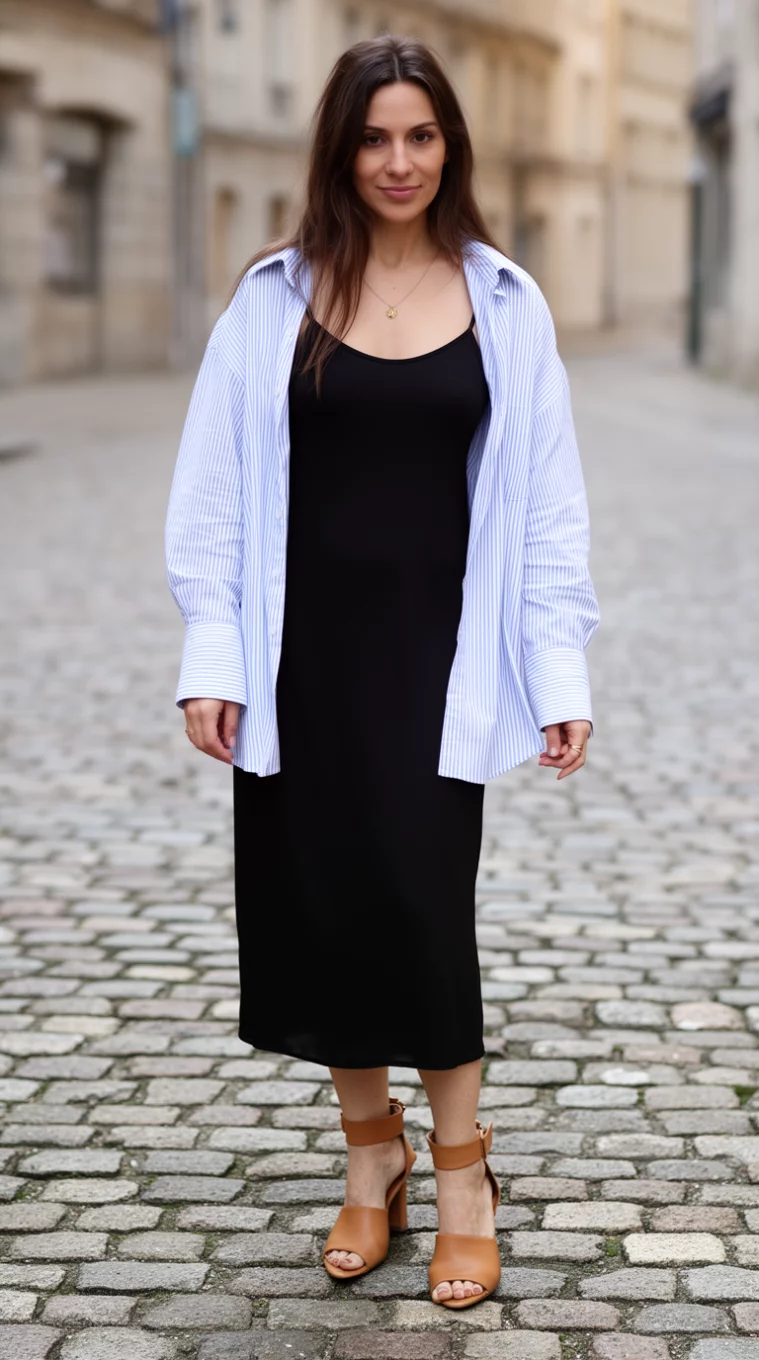 A realistic photo of a woman on cobblestones wearing a black slip midi dress, an unbuttoned light blue and white striped oversized shirt, and tan ankle-strap heels.