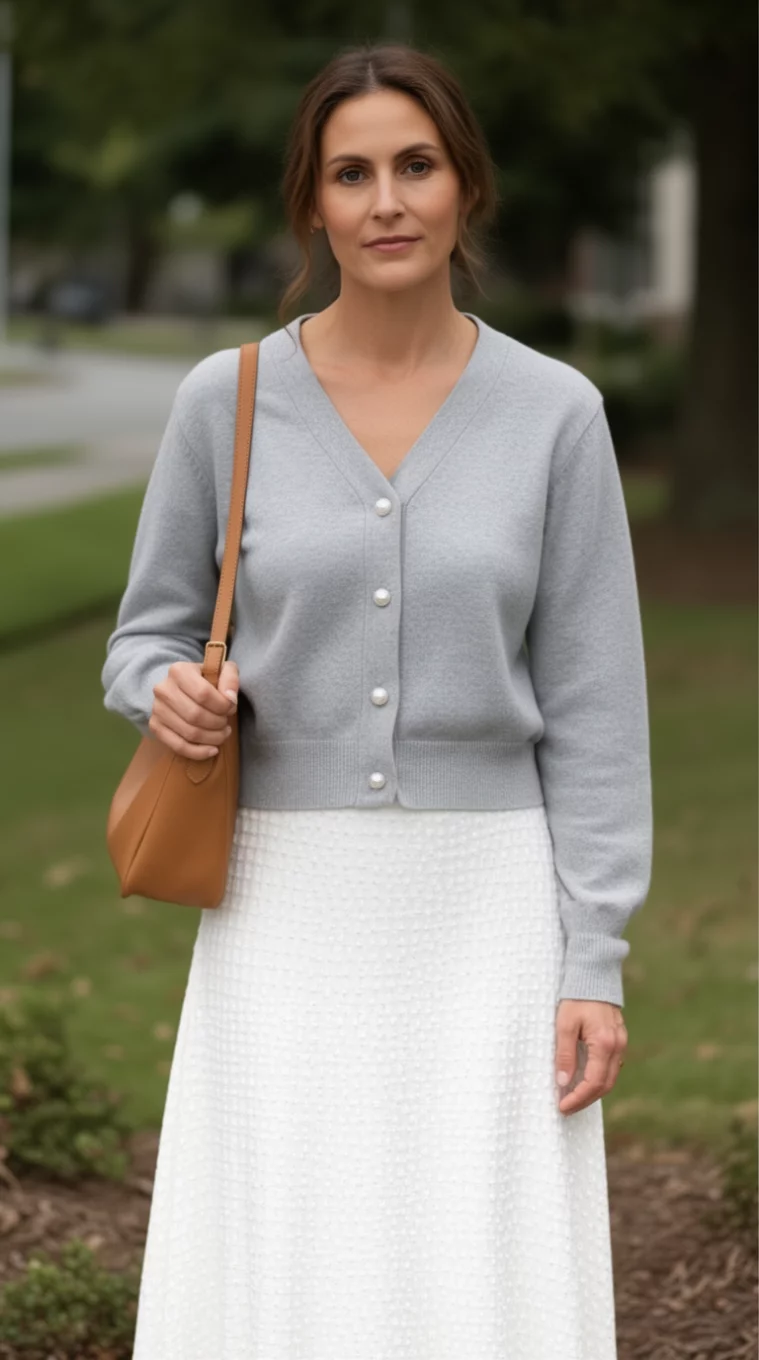 A realistic photo of a woman outdoors wearing a light gray pearl-button v-neck cardigan, a white textured maxi skirt, and carrying a tan shoulder bag.