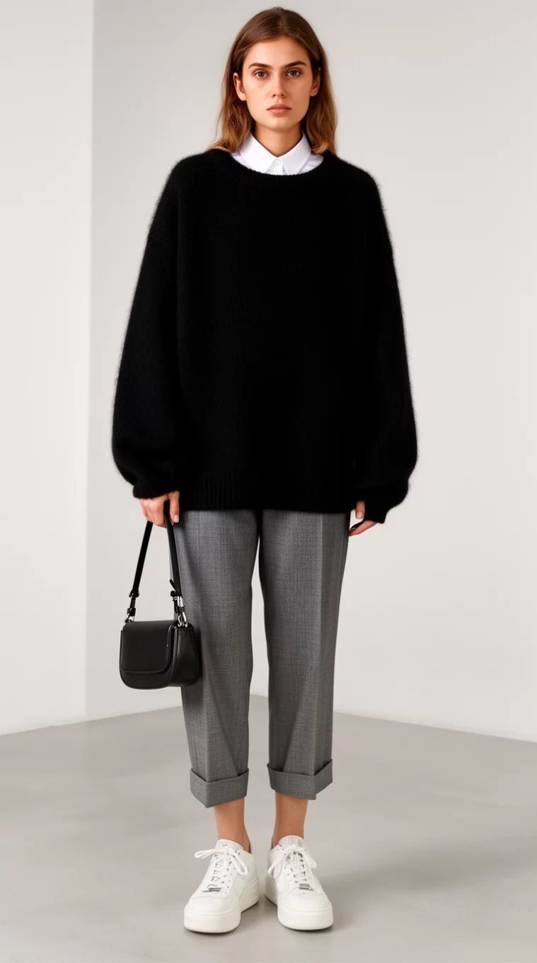 A realistic photo of a woman wearing a white collared shirt, an oversized black sweater, cropped gray trousers, white sneakers, and a small black handbag.