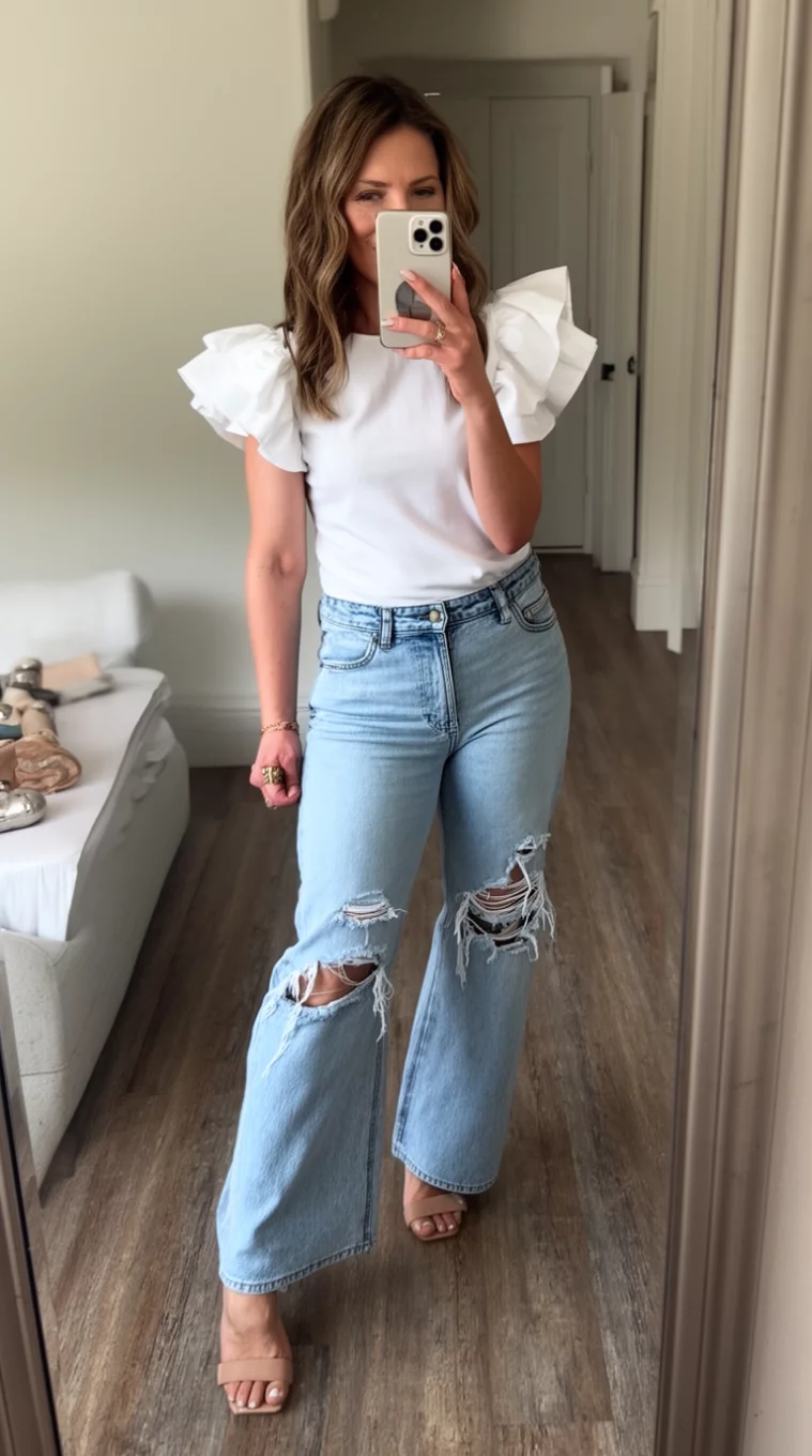 A realistic photo of a woman taking a mirror selfie in a white ruffled cap-sleeve top, light blue ripped wide-leg jeans, and nude heeled sandals.