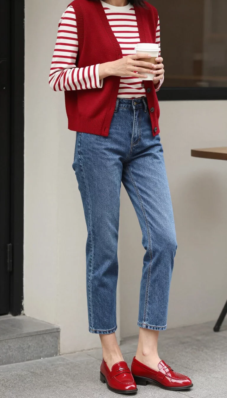 A realistic photo of a woman grabbing coffee wearing a red and white striped long-sleeve shirt, a red vest, blue cropped jeans, and red patent loafers.