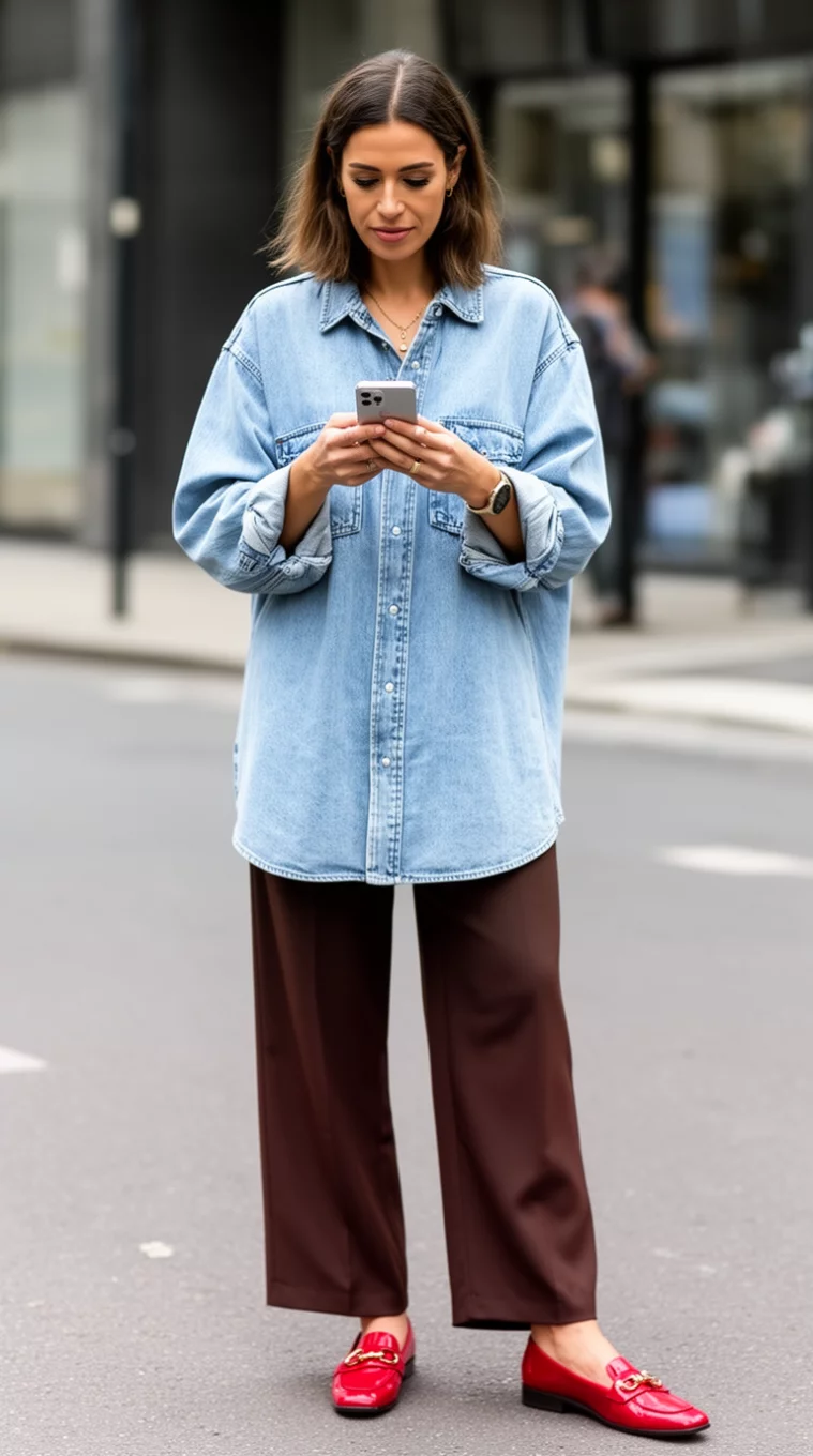 A realistic photo of a woman in an oversized light wash denim shirt, dark brown wide-leg trousers, and red statement loafers looking at her phone.