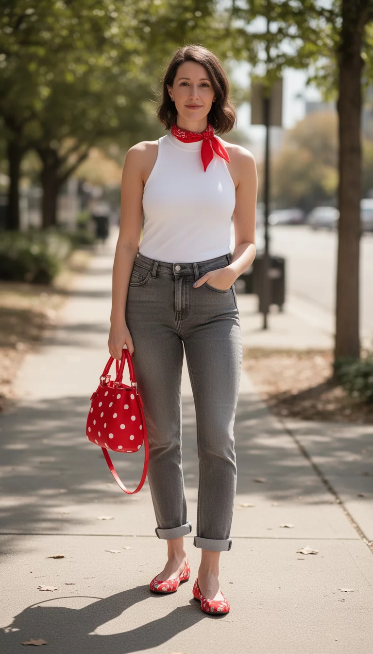 A realistic photo of a woman in a white high-neck tank top, gray cuffed jeans, red patterned flats, a red polka-dot handbag, and a red neck scarf standing on a sunny sidewalk.