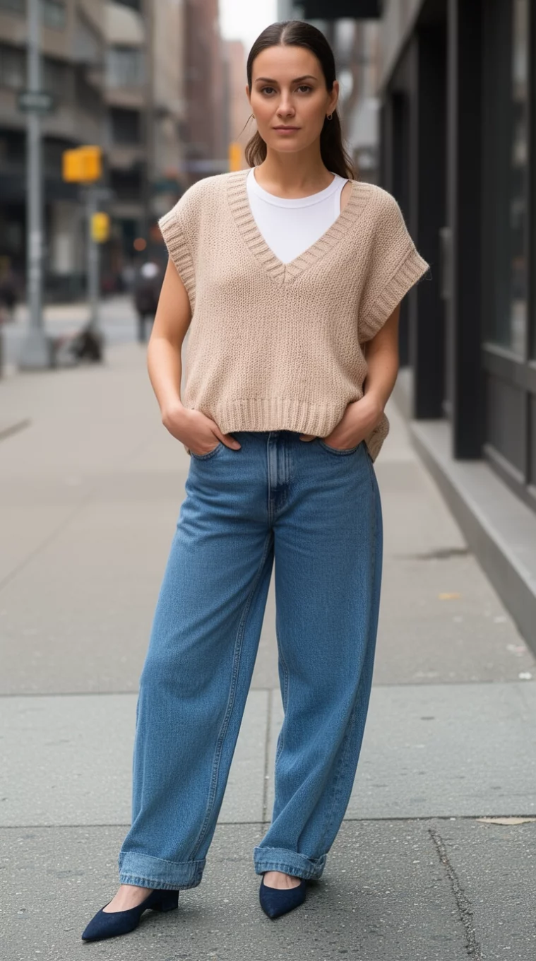 A realistic photo of a woman on city pavement wearing a white cropped tank top, a beige knit sweater vest, loose-fitting blue jeans, and dark pointed flats.