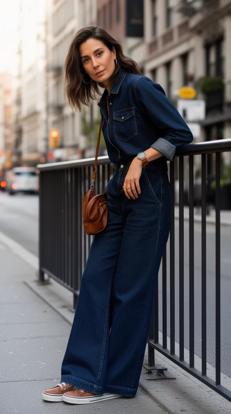 A realistic photo of a woman leaning on a railing in a dark indigo denim jumpsuit with wide legs, brown sneakers, and brown accessories on a city street.
