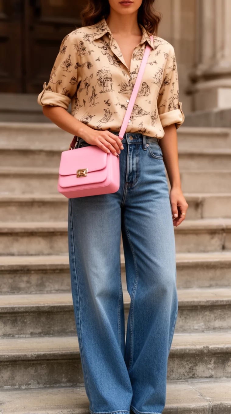 A realistic photo of a woman on steps wearing a beige printed blouse with rolled sleeves, medium-wash wide-leg jeans, and a pink cross-body bag.