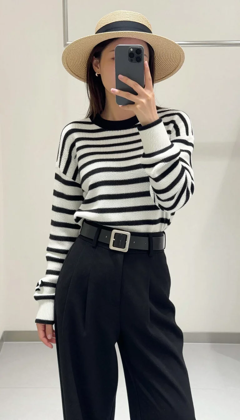 A realistic photo of a woman in a black and white striped cropped sweater, black wide-leg trousers, a wide belt, and a wide-brim straw hat, selfie indoor.