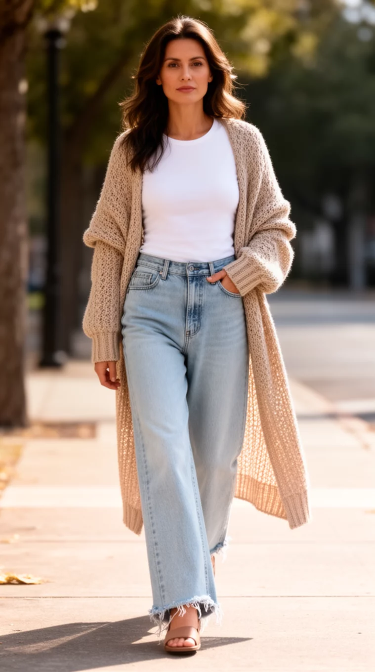 A realistic photo of a woman walking outside in a white top, light blue wide-leg raw-hem jeans, and a long beige open-knit cardigan worn over her shoulders.