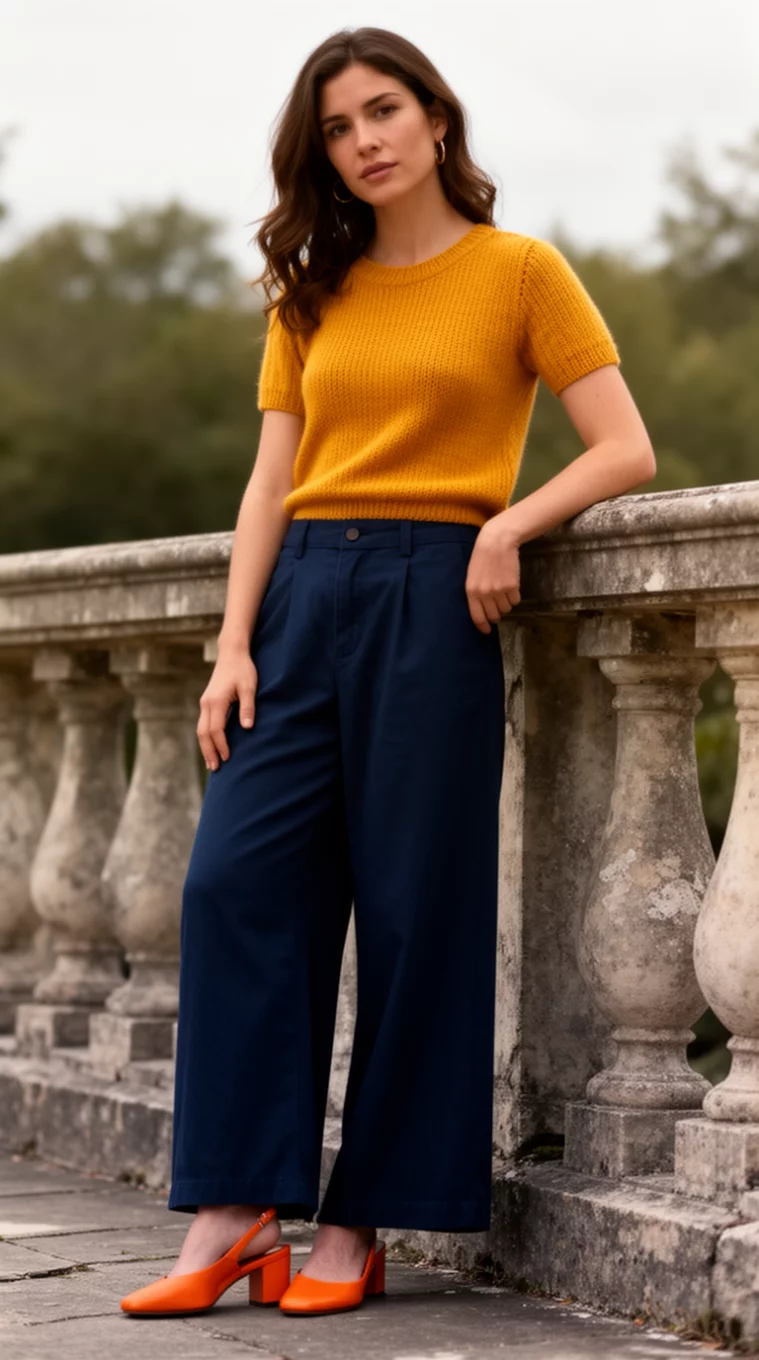 A realistic photo of a woman by a stone railing, wearing a mustard yellow short-sleeved knit top, dark blue wide-leg pants, and orange low-heeled slingback shoes.