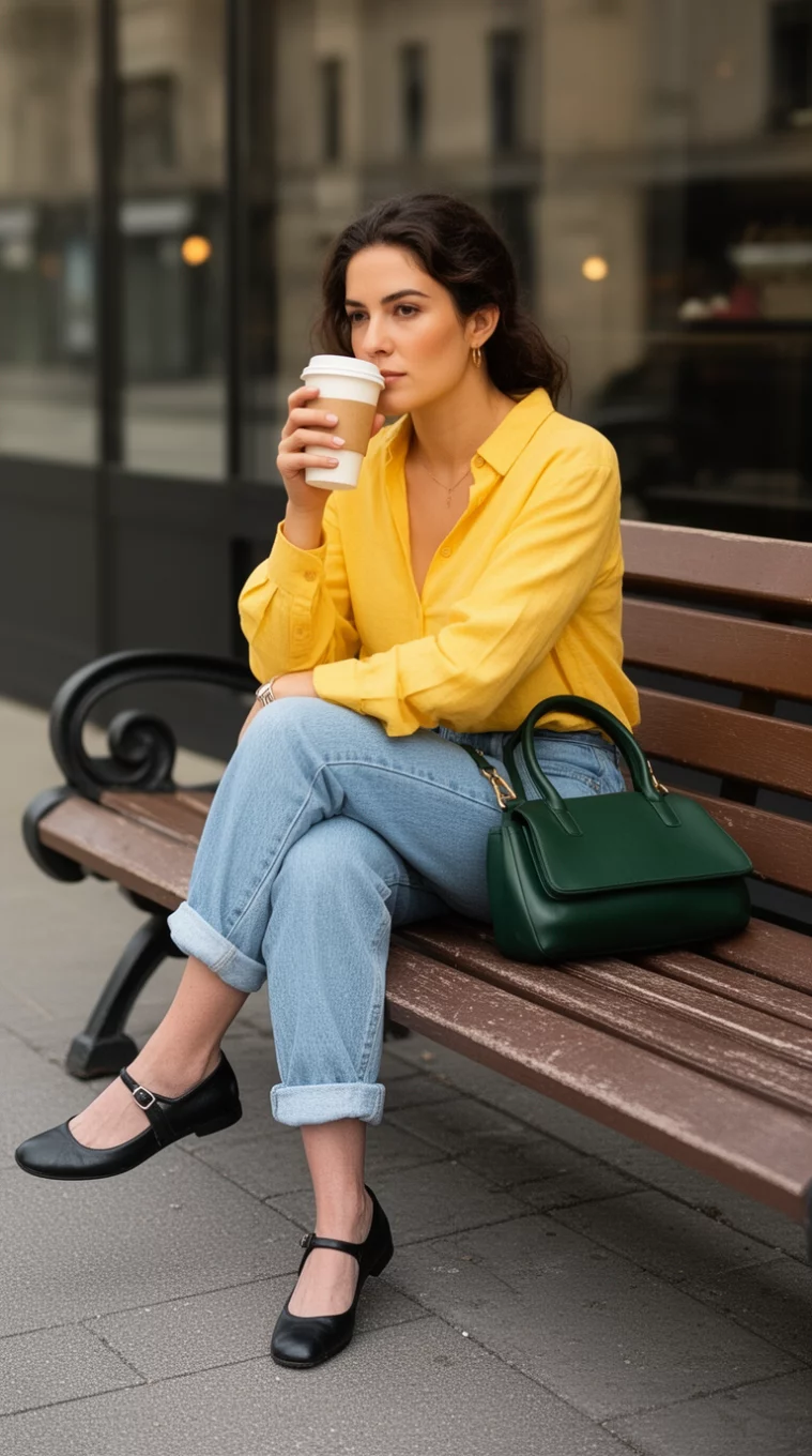 A realistic photo of a woman sitting on a bench drinking coffee, wearing a yellow button-down shirt, light blue cuffed jeans, black Mary Jane flats, and a dark green bag.