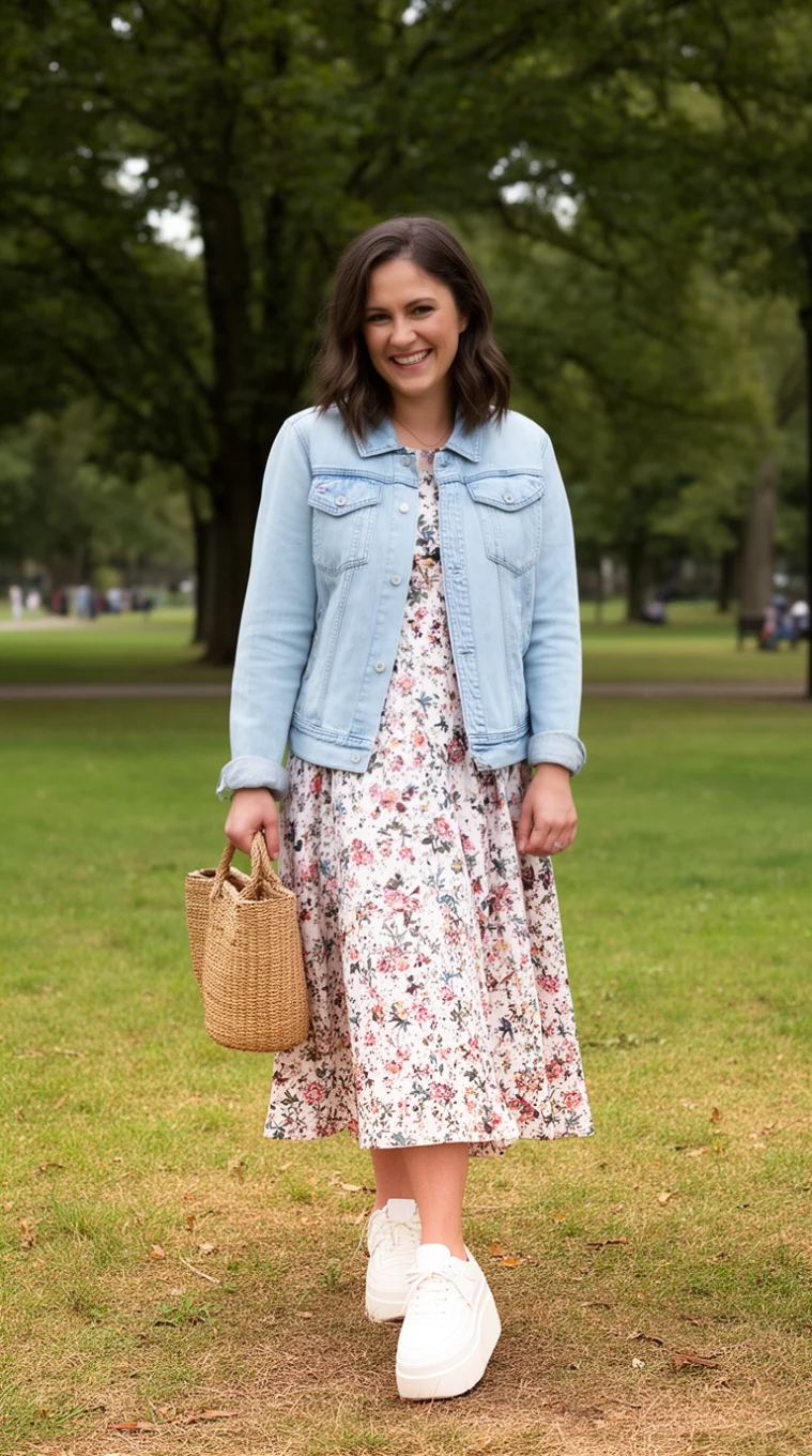 A realistic photo of a woman smiling in a park wearing a light blue denim jacket over a floral print midi dress, white platform sneakers, and holding a straw basket bag.