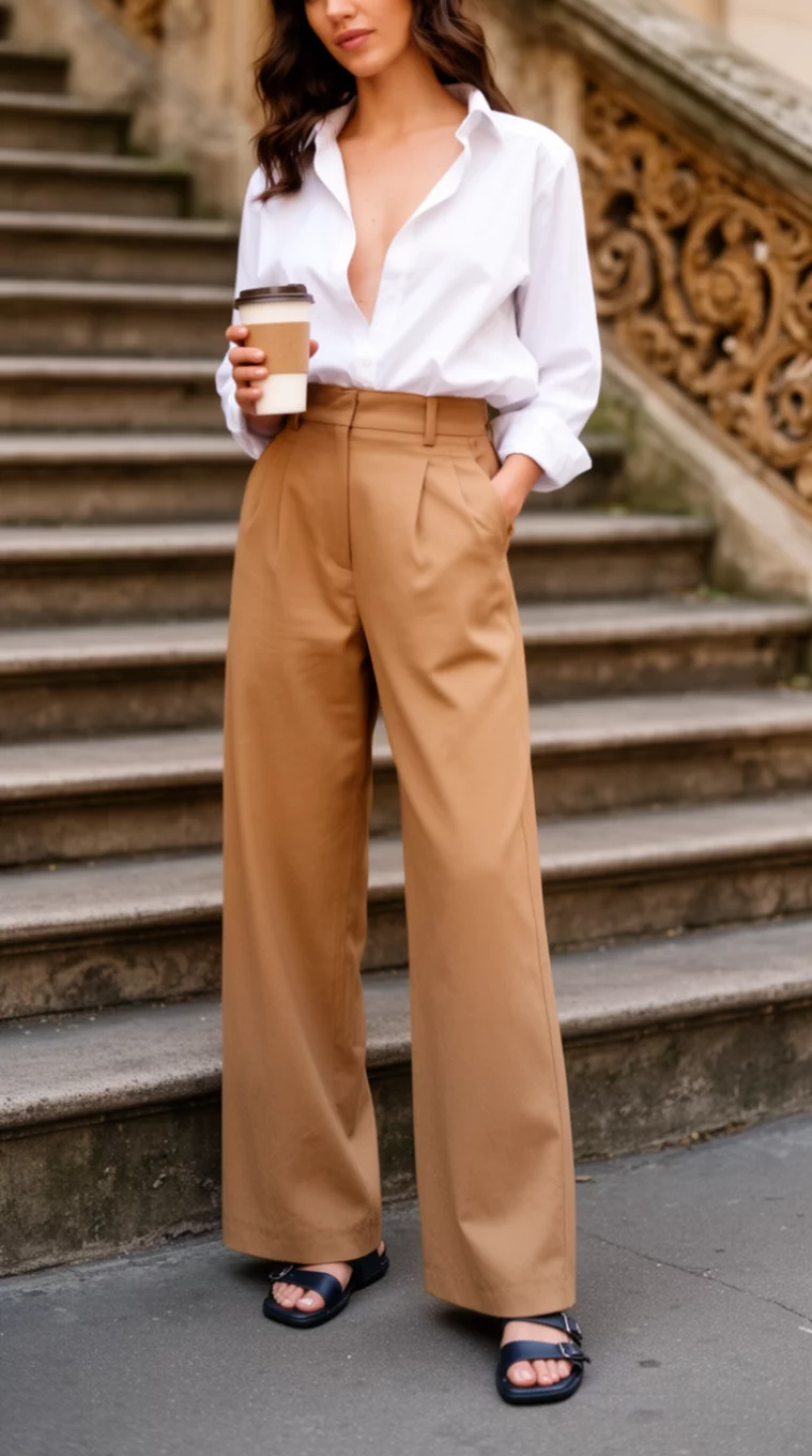 A realistic photo of a woman in a white unbuttoned shirt tucked into high-waisted tan wide-leg trousers and dark sandals holding a coffee on ornate steps.