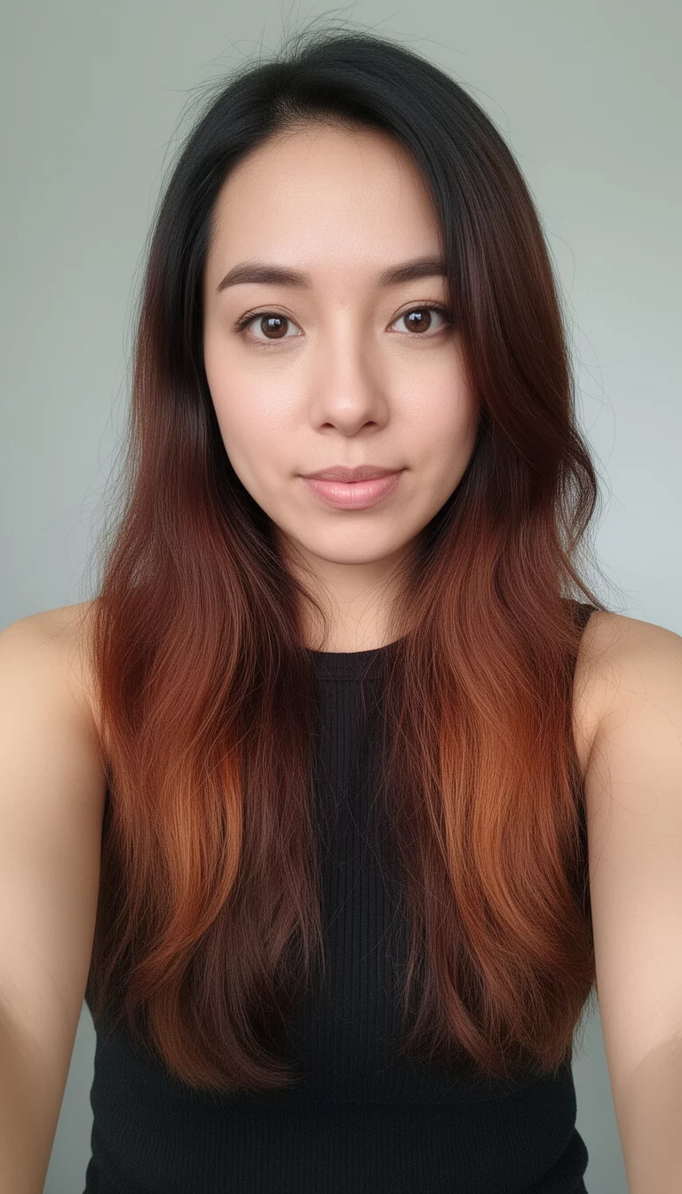 selfie of a 30-year-old woman wearing a black sleeveless top with a dark brown with warm, reddish-brown balayage colored long, dark brown hair, front view, minimal background