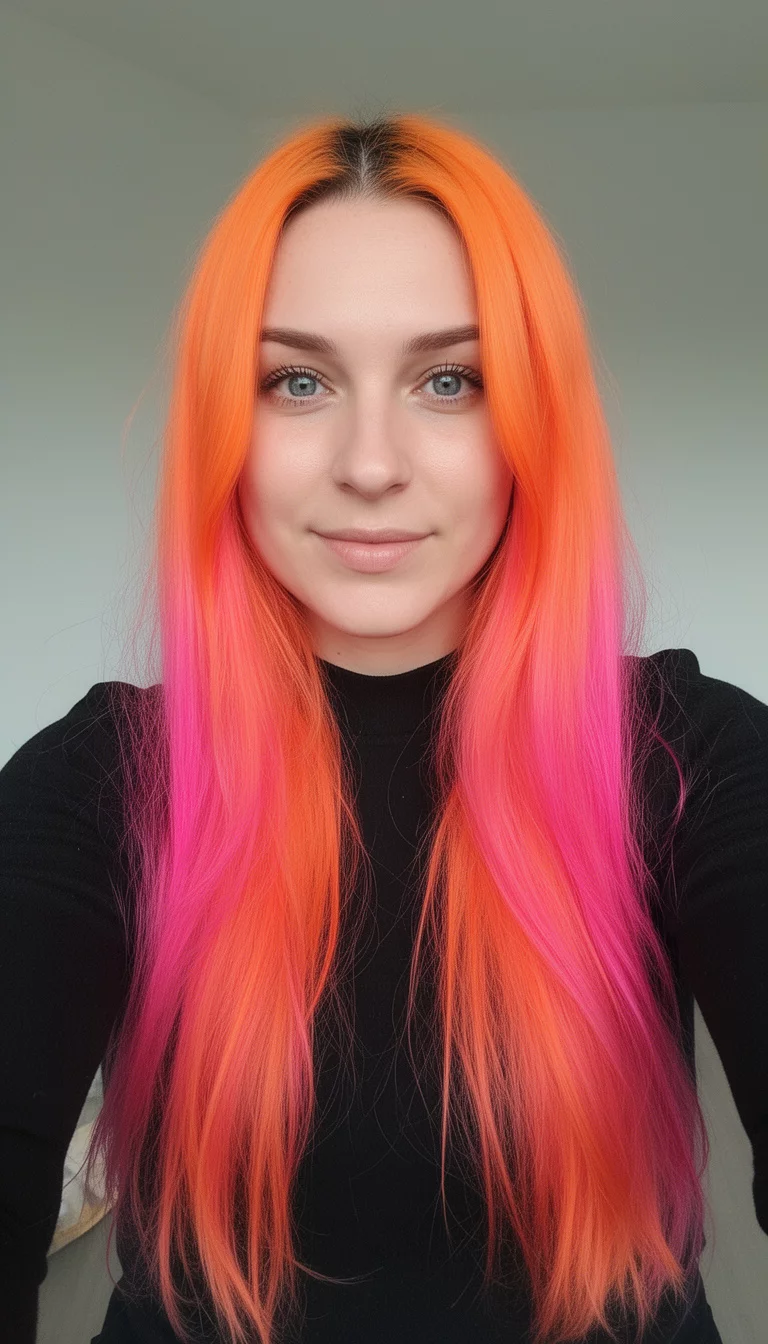 selfie of a 30-year-old woman wearing a black top with a vibrant orange and pink colored long, vibrant orange and pink hair, front view, minimal background