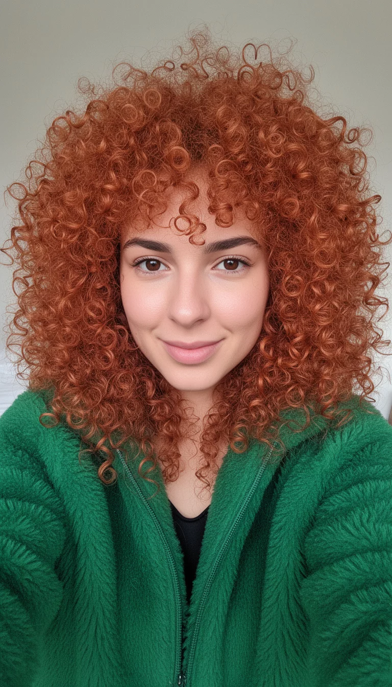selfie of a 29-year-old woman wearing a green fuzzy jacket with a coppery-brown colored voluminous, tightly coiled, coppery-brown curly hair, front view, minimal background